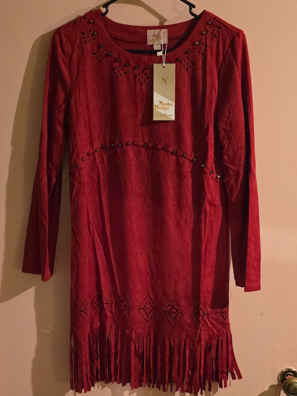 NWT-Neslay Design Wine Shift Dress Long Sleeve Fringe & Stud Accents M